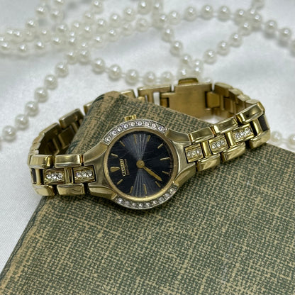 Gold Vintage Diamanté Citizen Black Dial Watch