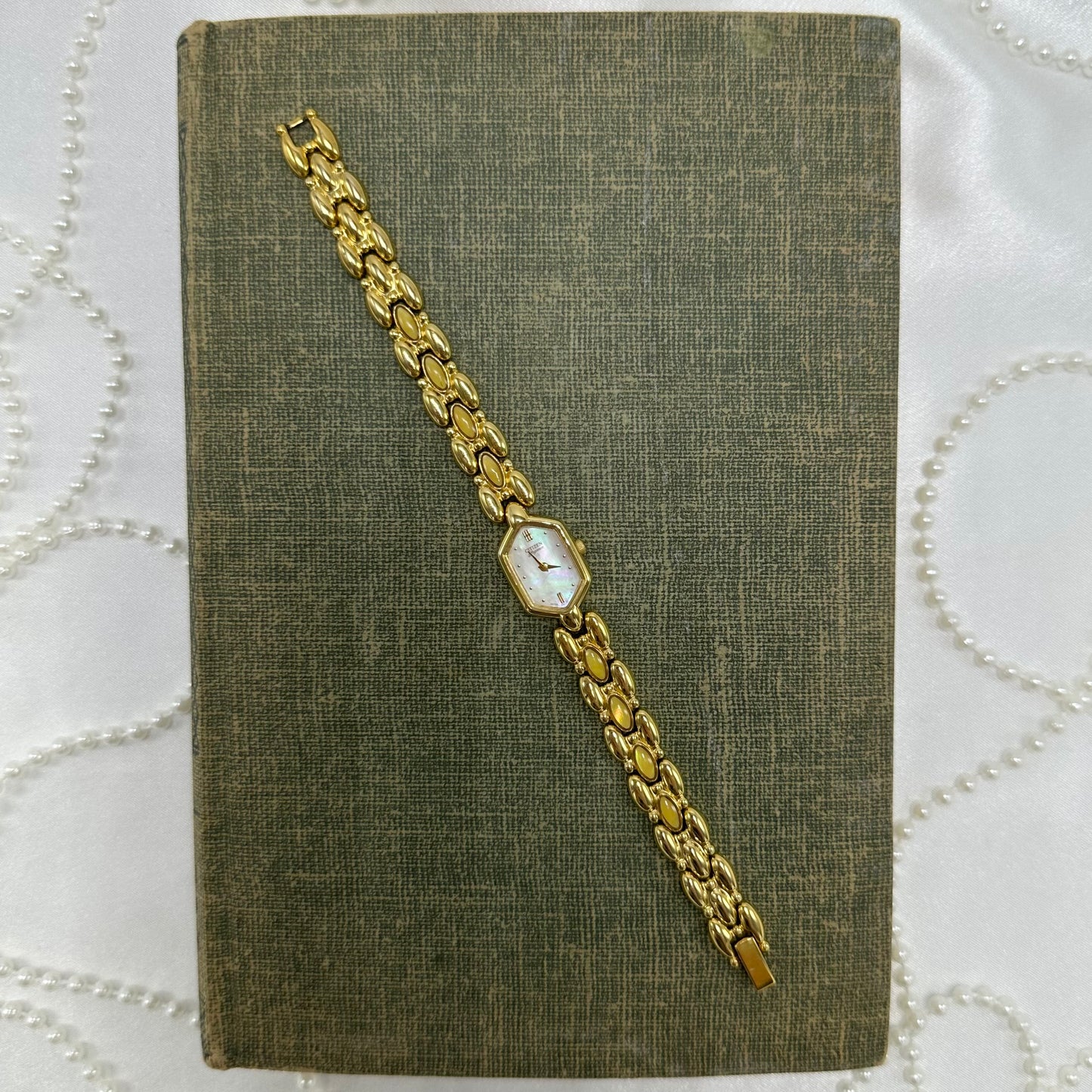 Dainty Yellow Iridescent Gemstone Citizen Watch with Mother of Pearl Dial