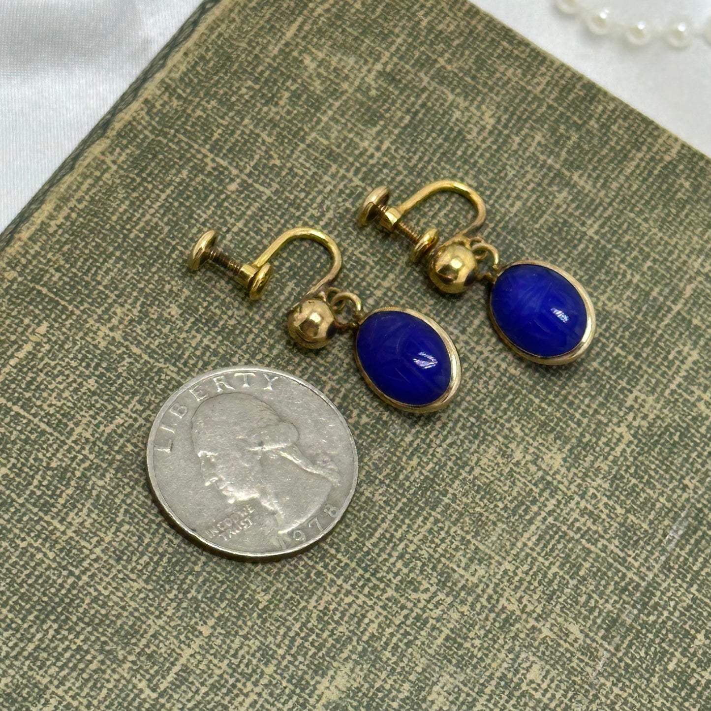 Vintage Gold Filled Blue Scarab Screw Back Dangle Earrings