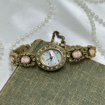 Vintage Gold Cameo Watch with Mother of Pearl Dial