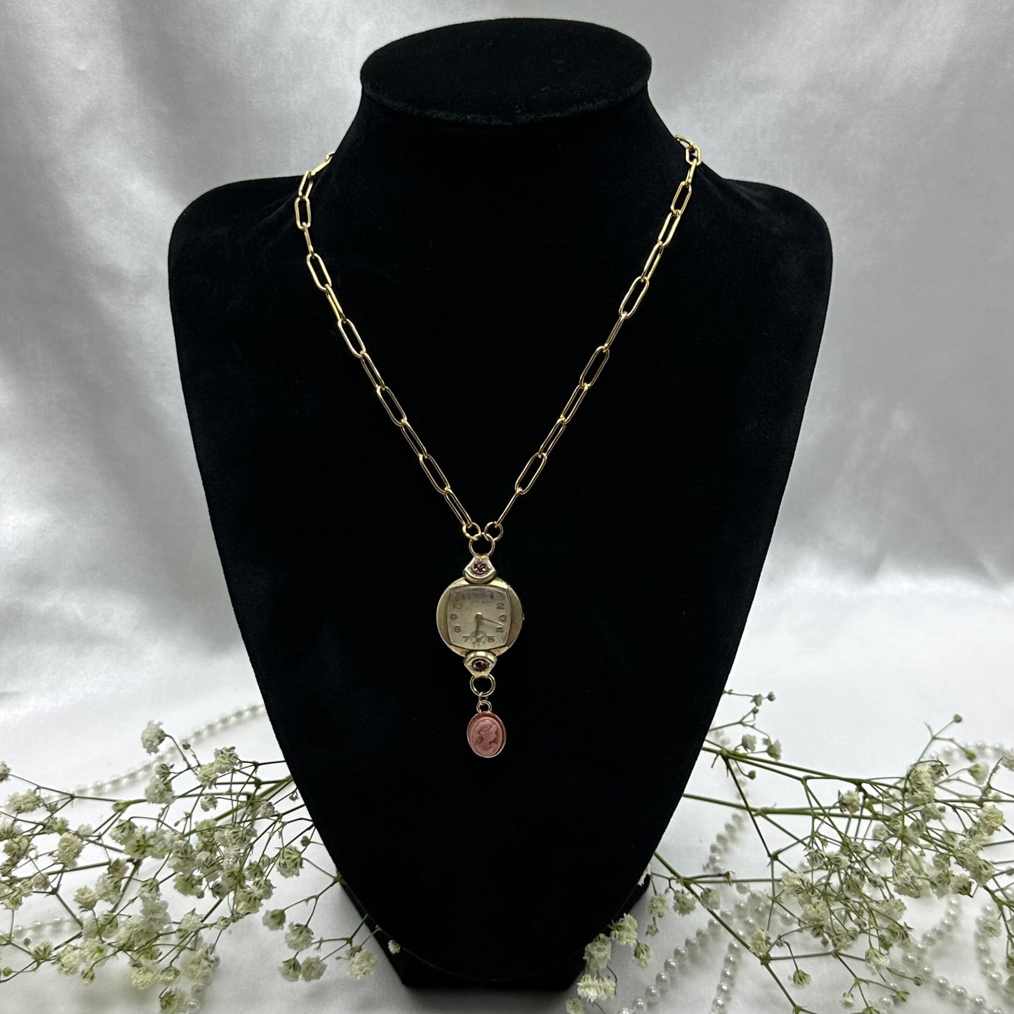 Vintage Ruby Accented Watch Necklace with Cameo Charm