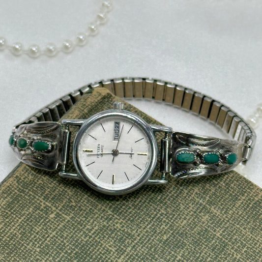 Silver and Turquoise Citizen Round Dial Watch