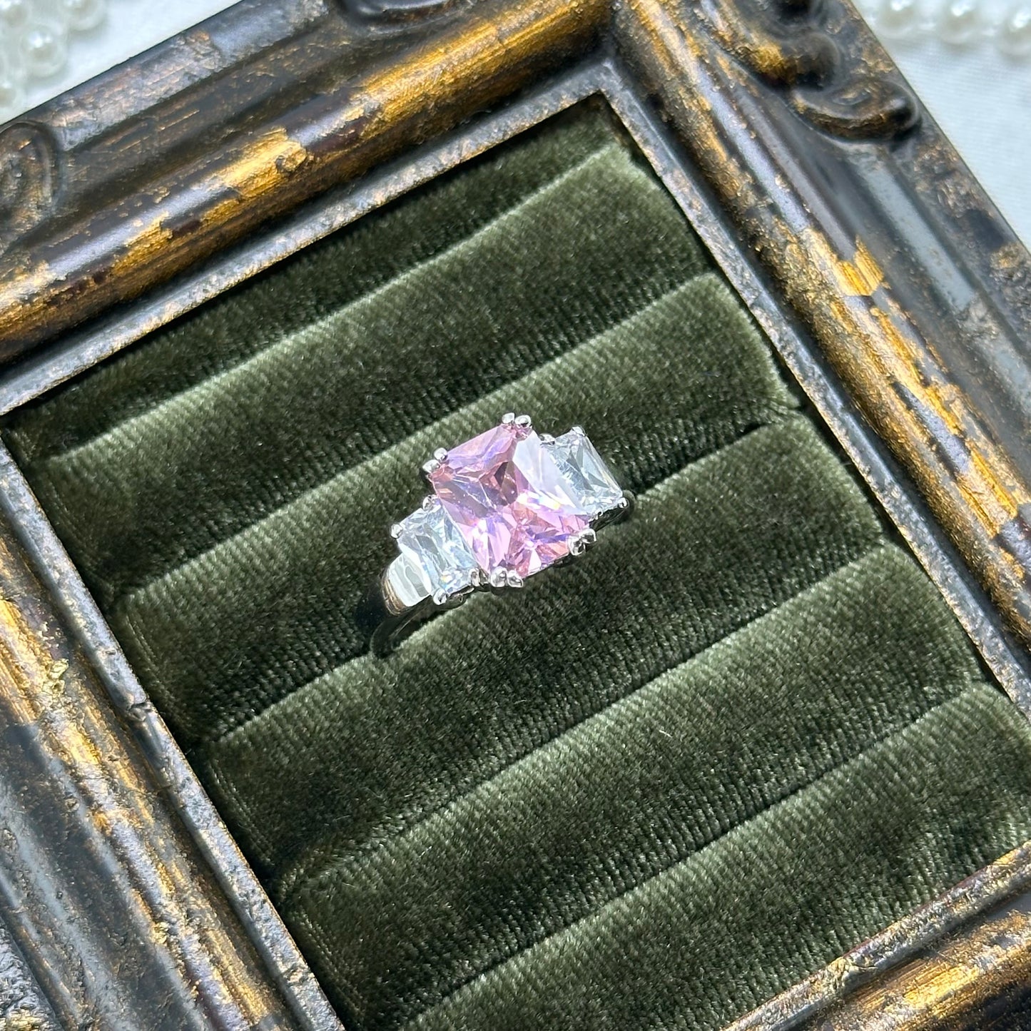 Vintage Light Pink Square Stone Deadstock Ring Rhodium Plated