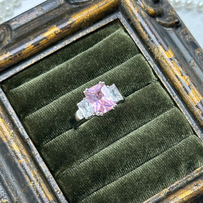 Vintage Light Pink Square Stone Deadstock Ring Rhodium Plated