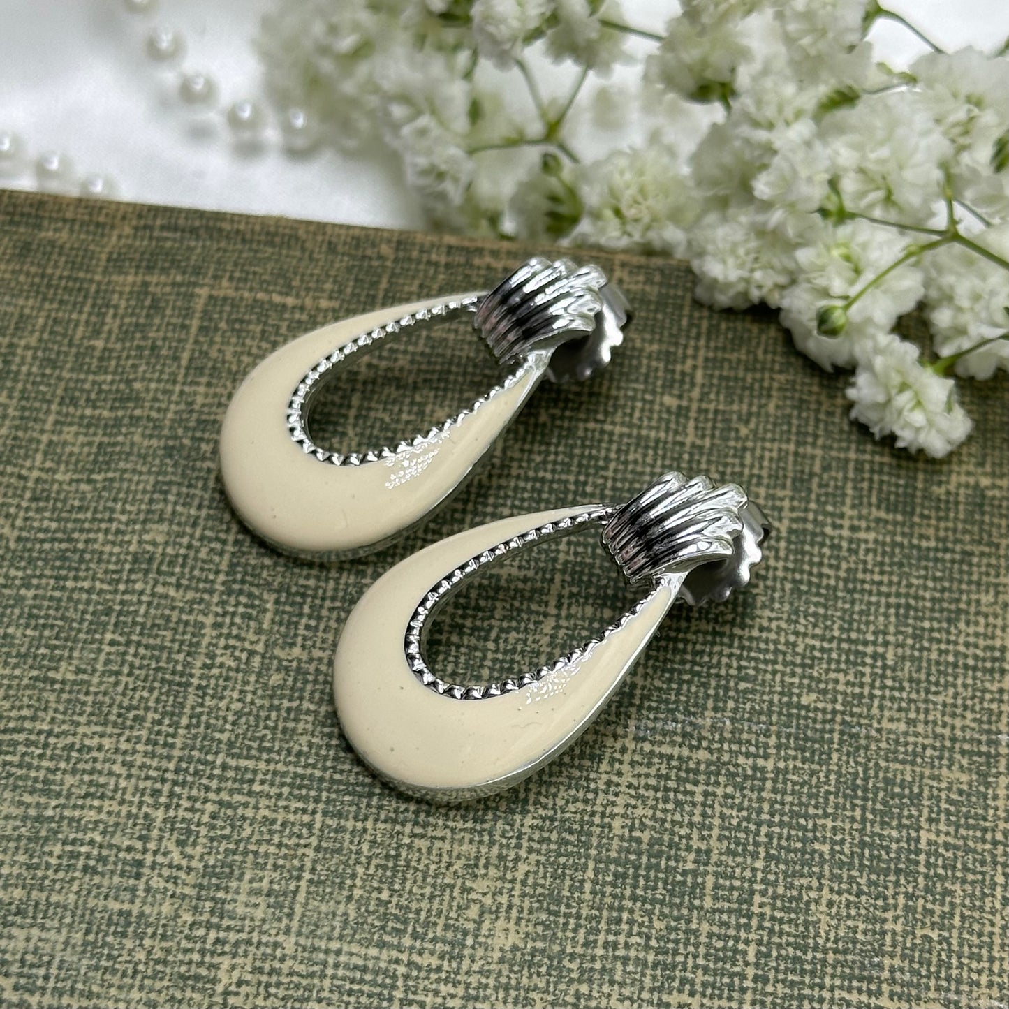 Vintage Silver and Cream Earrings