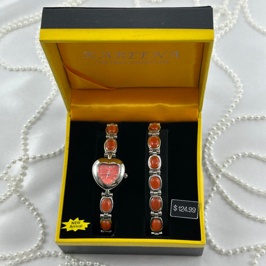 Vintage silver tone Kareena Opal Collection orange heart watch and bracelet set in original box.