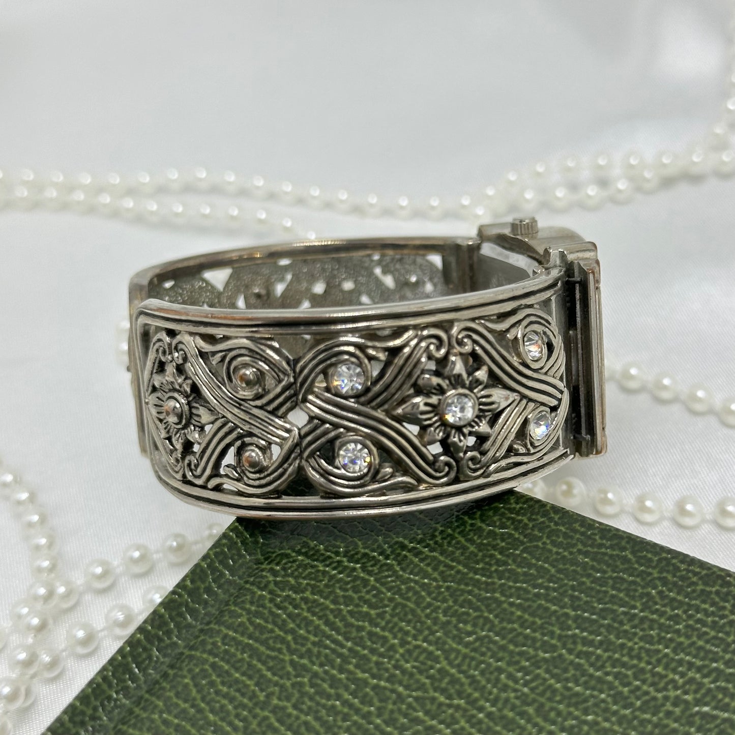 Silver Cuff Watch with Square Dial and Crossed Band