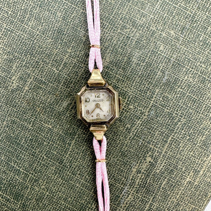 Vintage Gold Wind-Up Cocktail Watch with Satin Pink Band