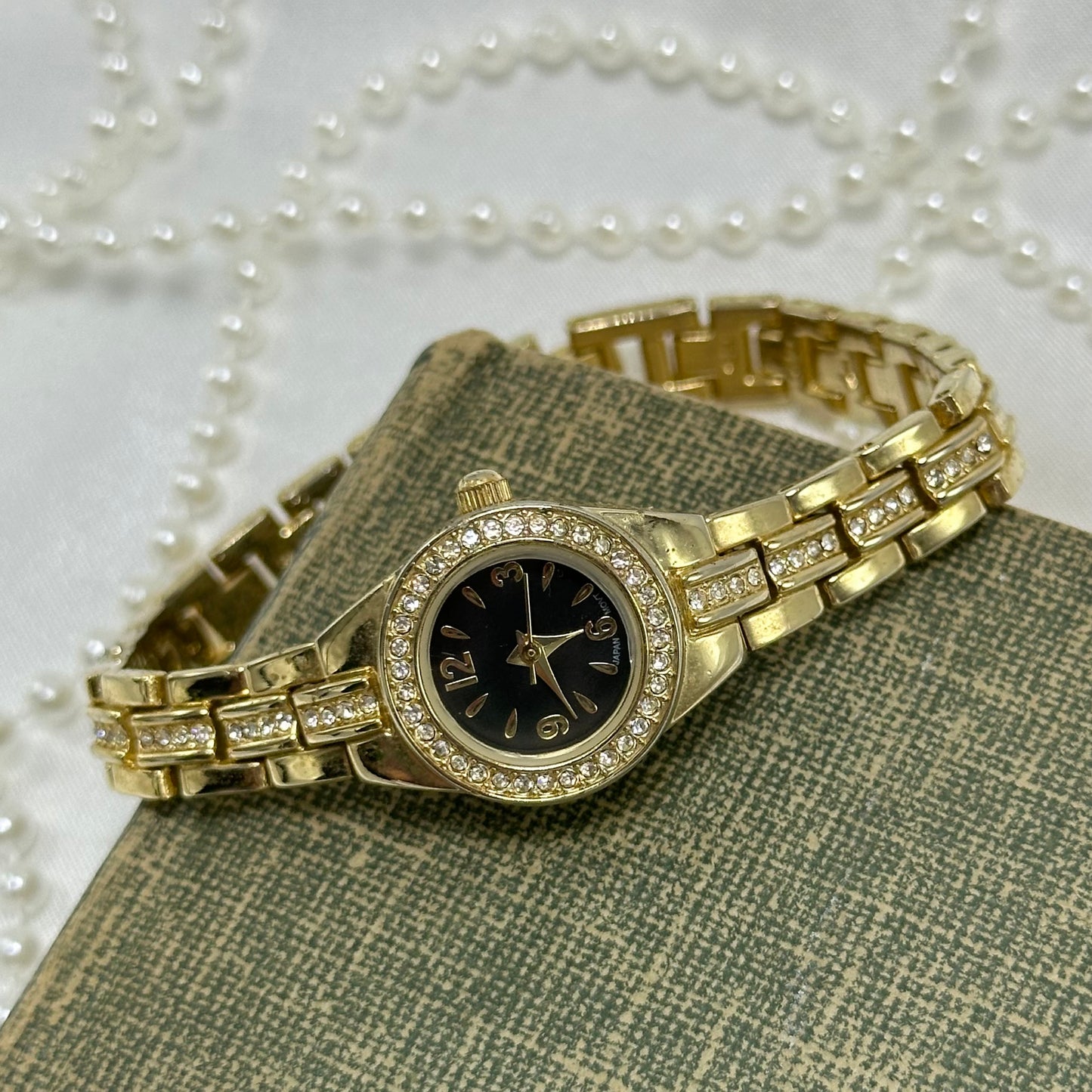 Dainty Diamanté Gold Watch with Round Black Dial