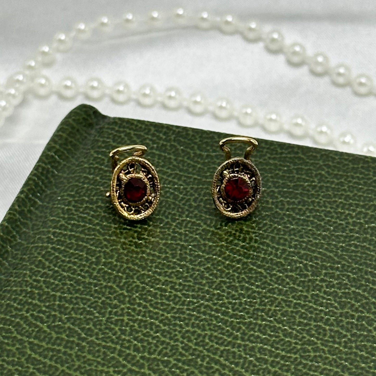 Adorable Dainty Vintage Clip On Oval Earrings with Red Stones