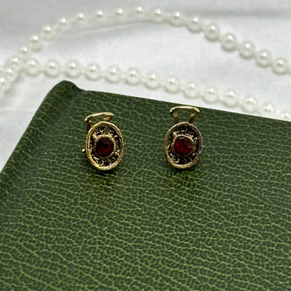 Adorable Dainty Vintage Clip On Oval Earrings with Red Stones