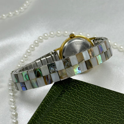 Checkered Abalone Gold Watch with Round Dial