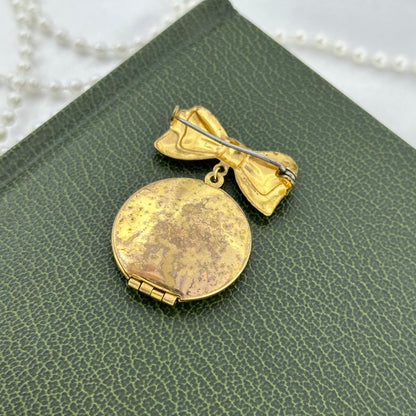 Vintage Gold Heart and Bow Round Locket Pin