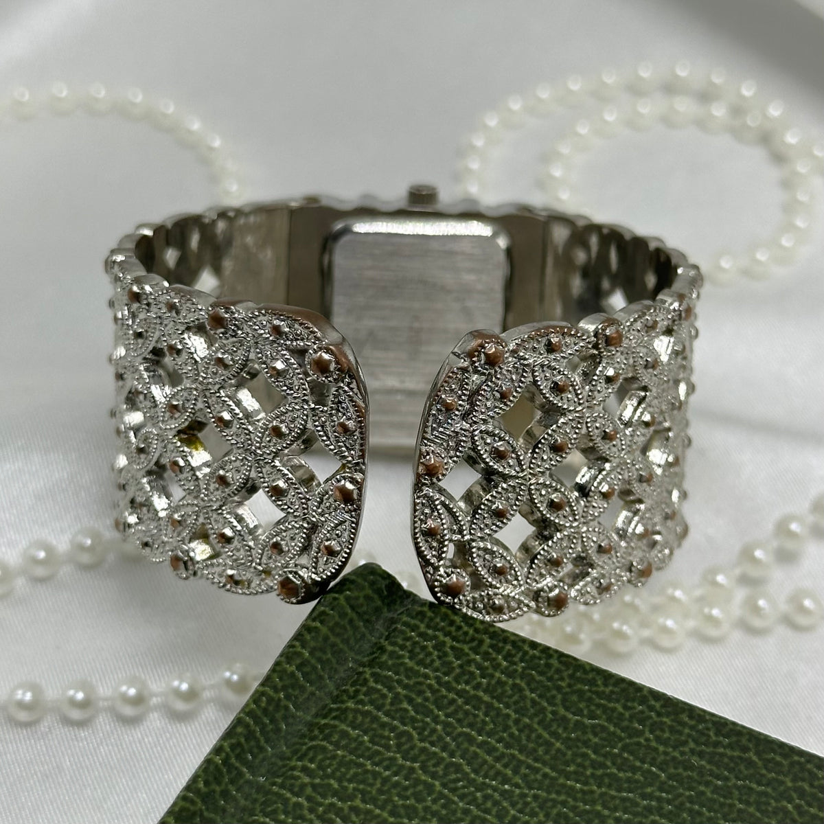 Silver Cuff Watch with Black Square Dial