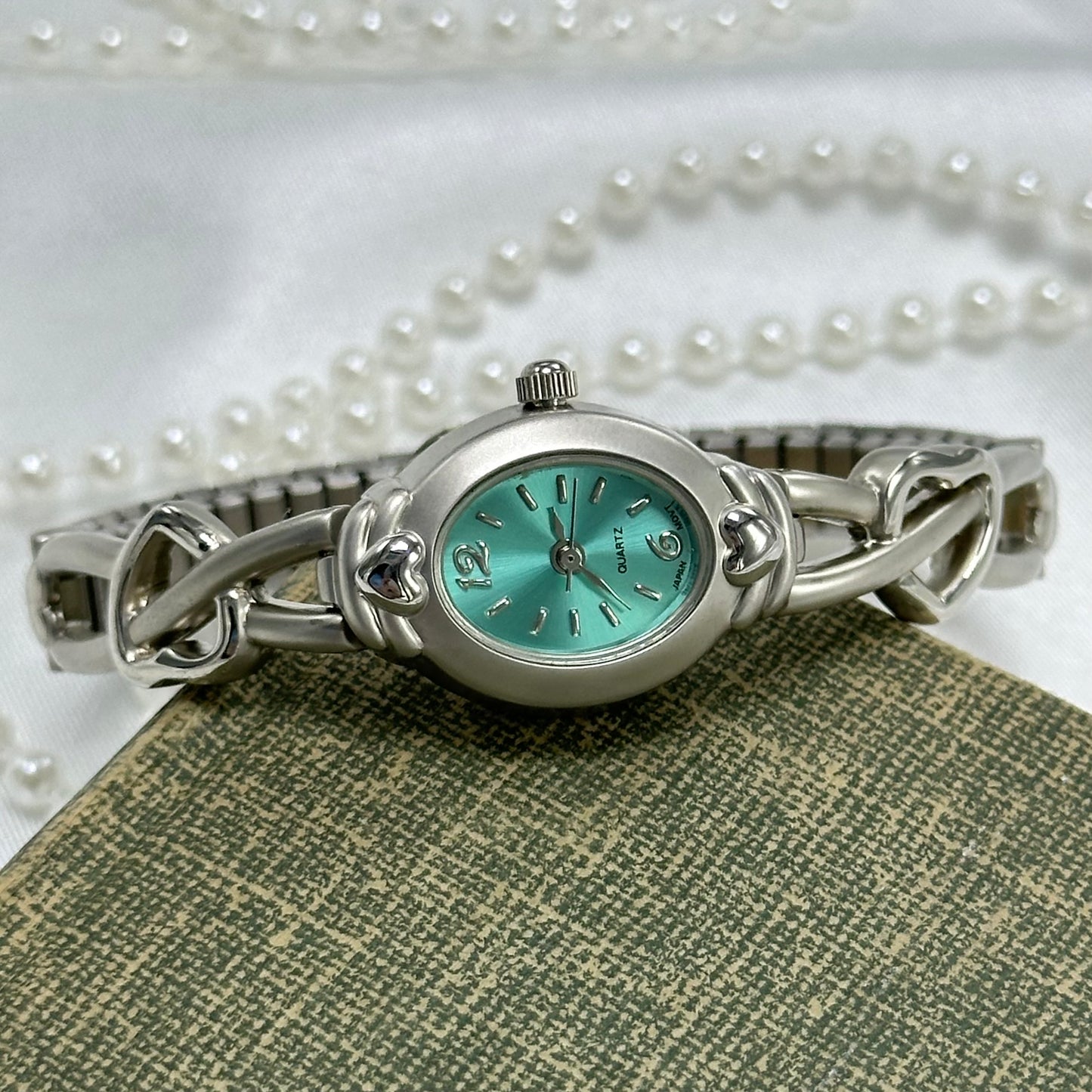 Silver Watch with Heart Band and Teal Dial