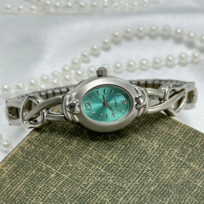 Silver Watch with Heart Band and Teal Dial