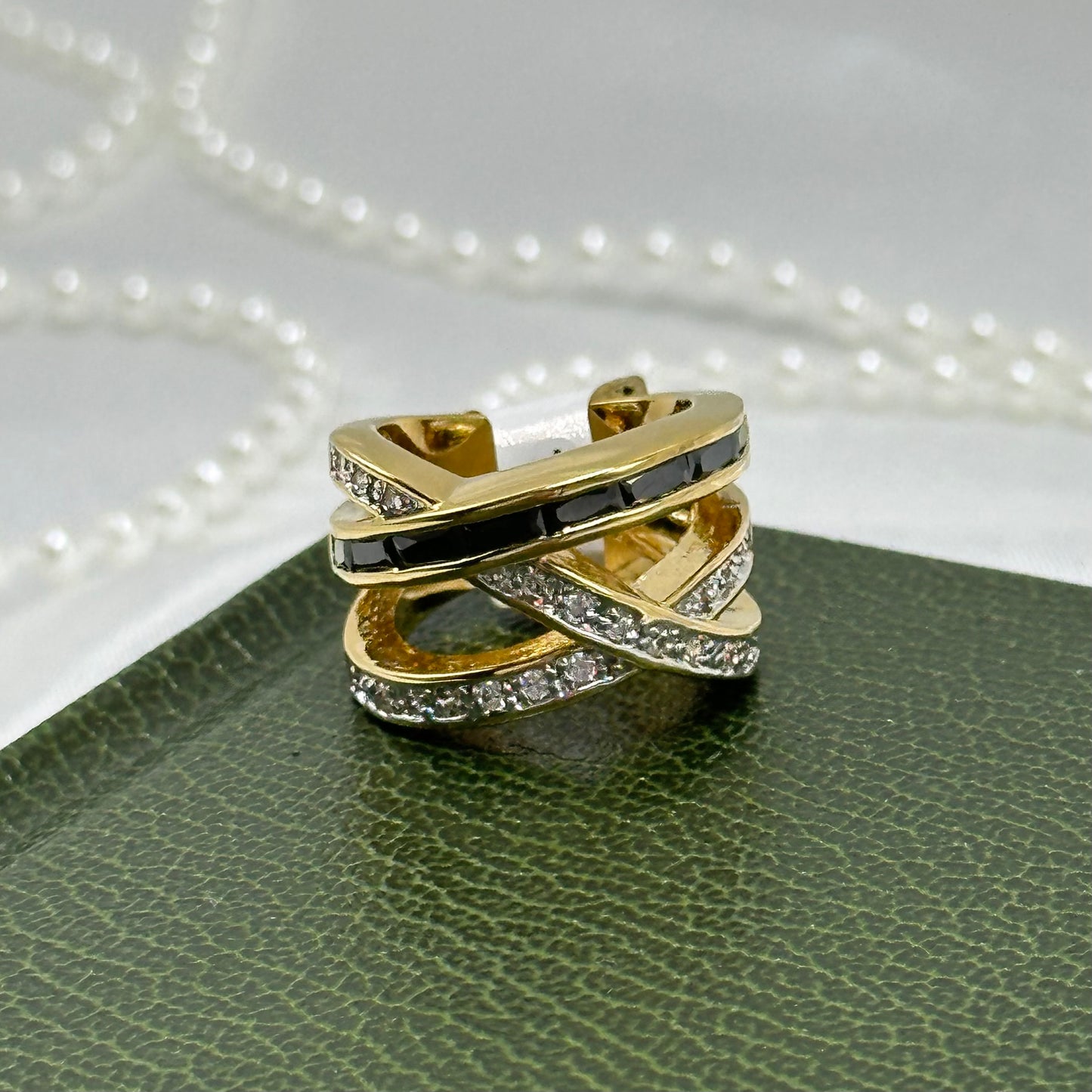 Black and White Cubic Zirconia 14k Gold Electroplated Vintage Crisscross Ring