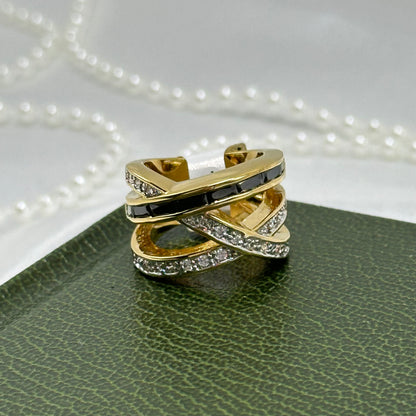 Black and White Cubic Zirconia 14k Gold Electroplated Vintage Crisscross Ring