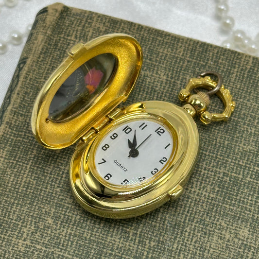 Gold Floral Locket Watch with Butterfly and Flower Picture