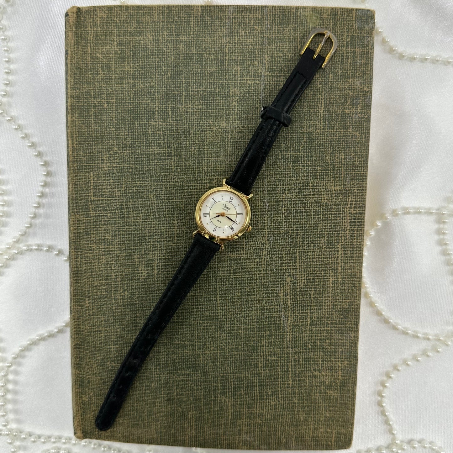 Gold Round Dial Timex Watch with Black Band