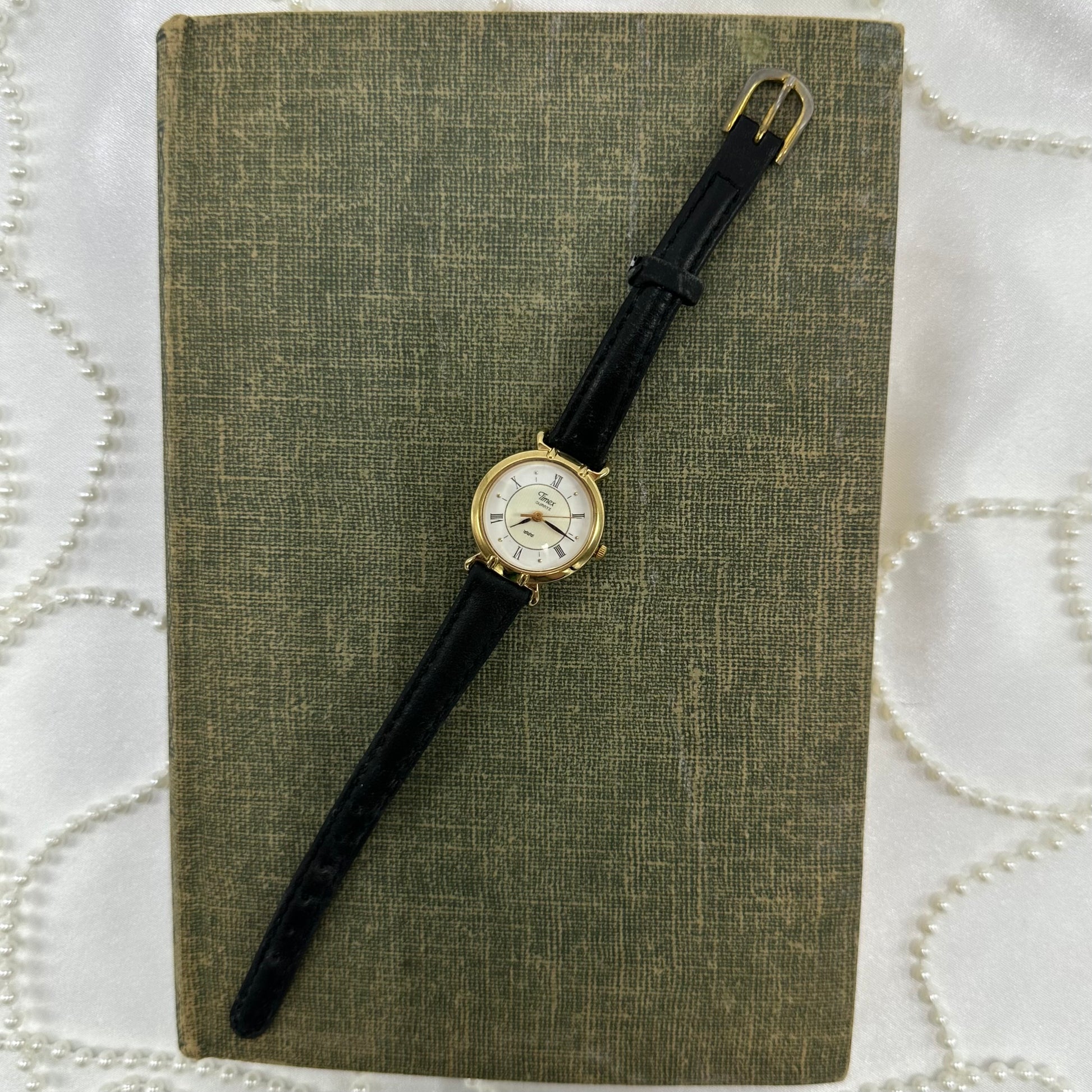 Gold Round Dial Timex Watch with Black Band