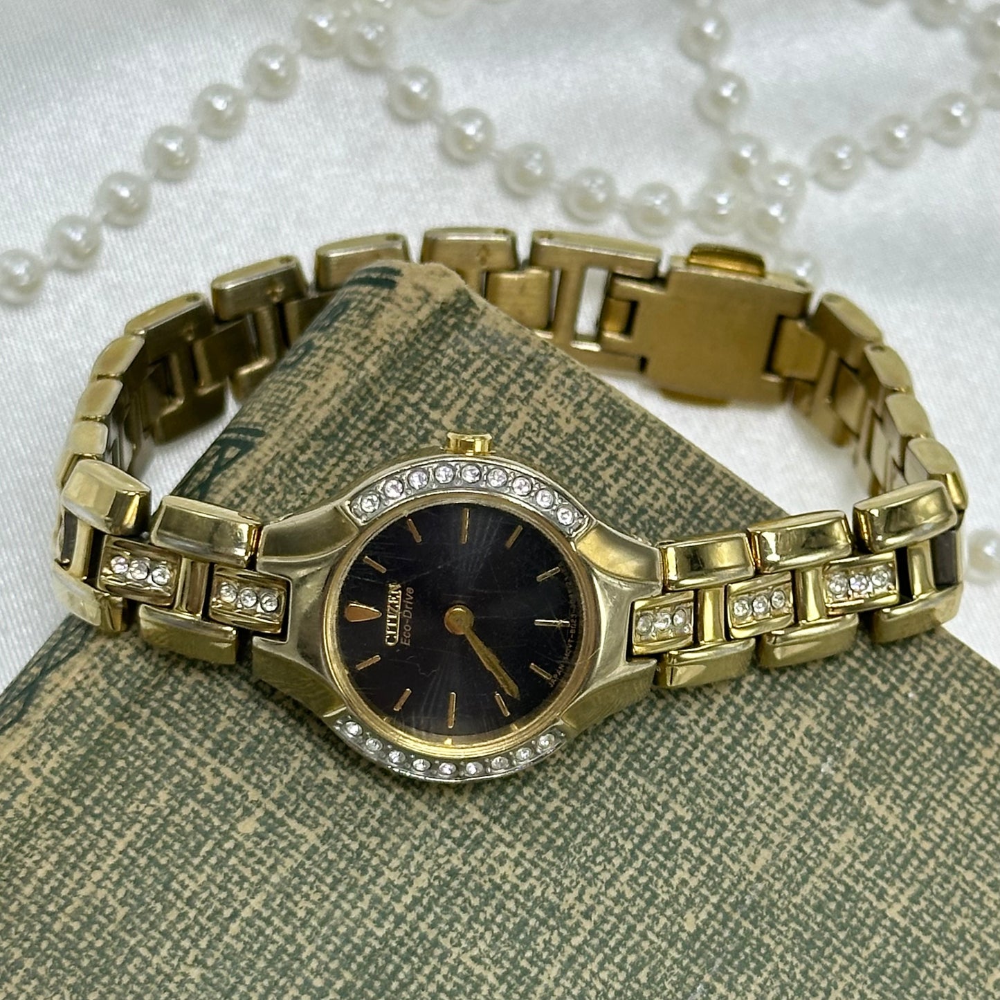 Gold Vintage Diamanté Citizen Black Dial Watch
