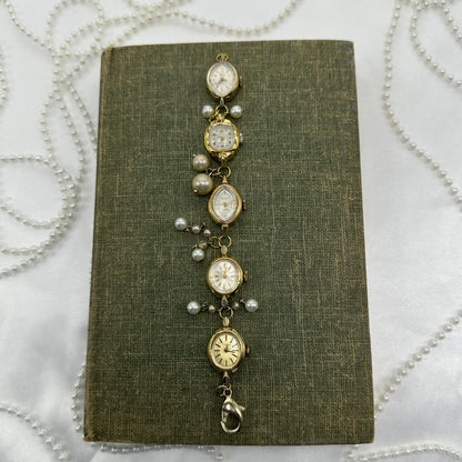 Gold Watch Bracelet with Pearl Charms