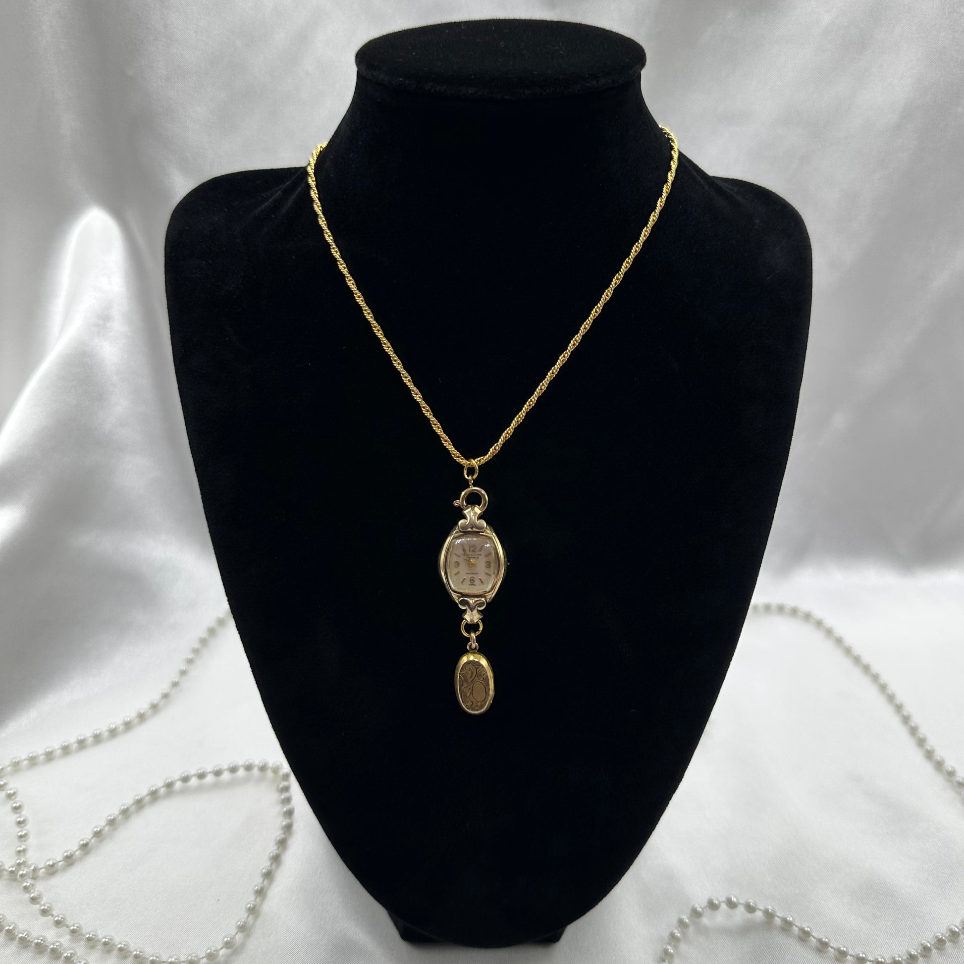 Gold tone necklace with vintage 10k RGP watch and oval locket