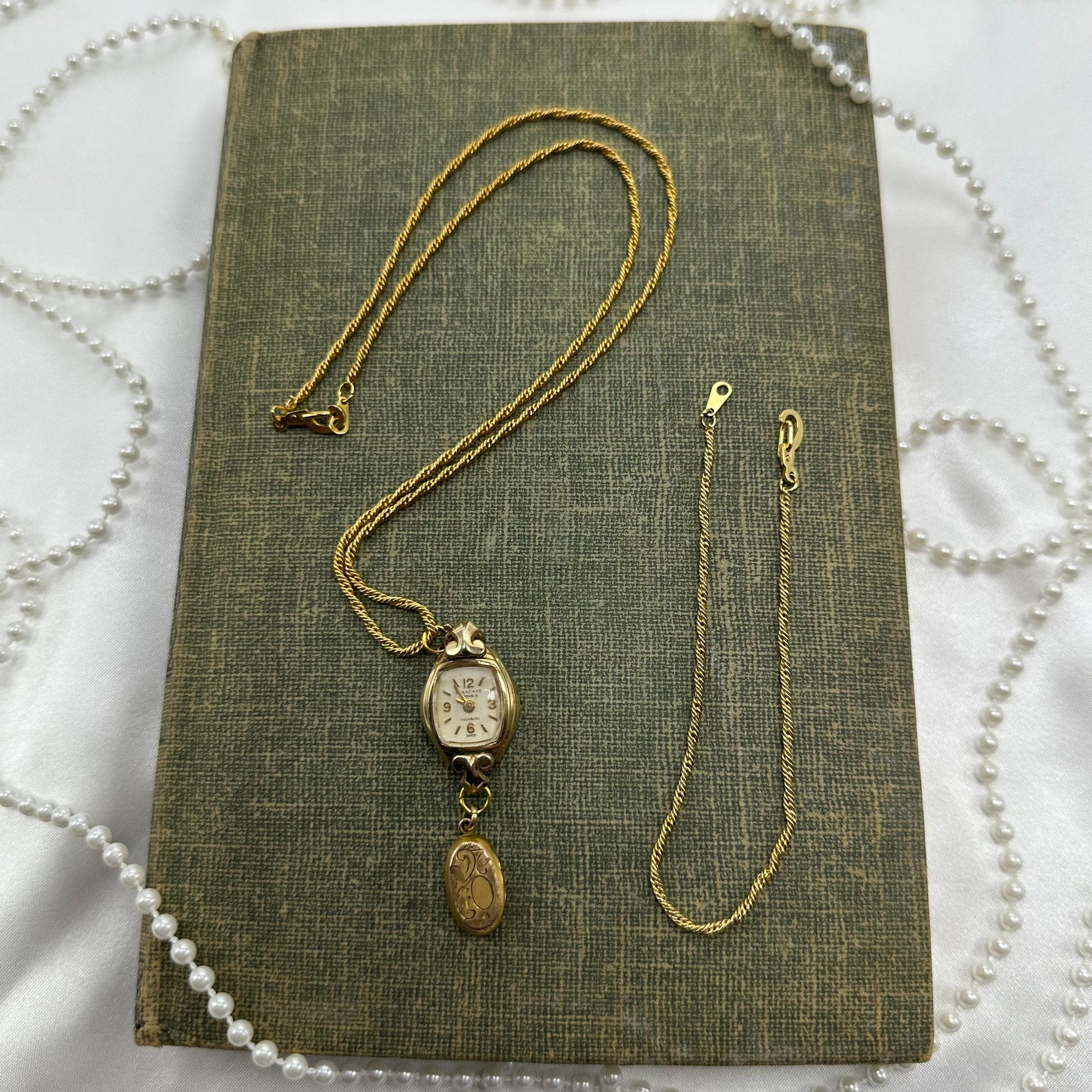 Gold tone necklace with vintage 10k RGP watch and oval locket pendant