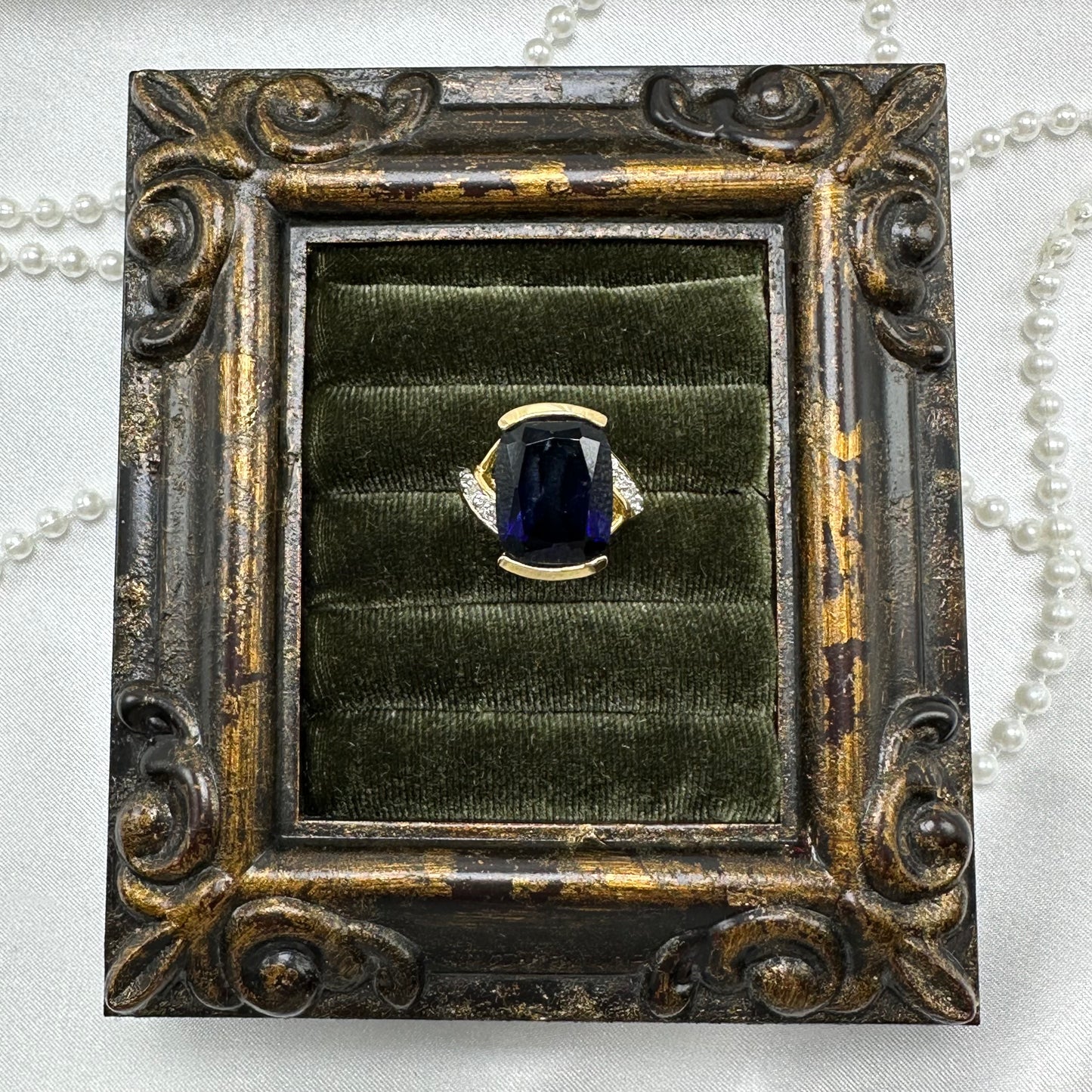 Large Dark Blue Cubic Zirconia Stone Vintage Deadstock Ring 14k Gold Electroplated