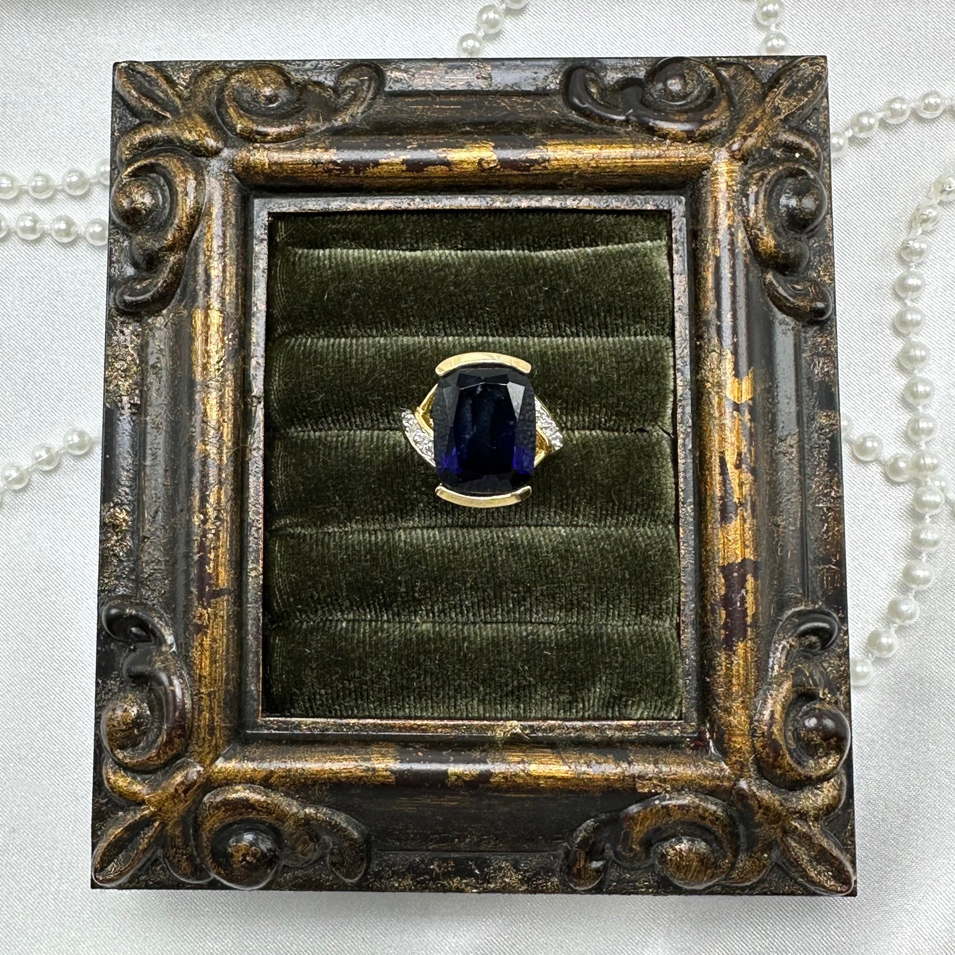 Large Dark Blue Cubic Zirconia Stone Vintage Deadstock Ring 14k Gold Electroplated