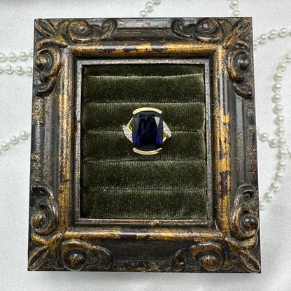 Large Dark Blue Cubic Zirconia Stone Vintage Deadstock Ring 14k Gold Electroplated