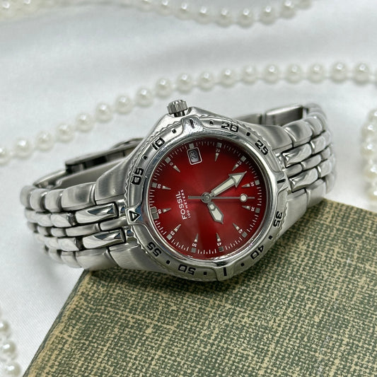 Red Dial Fossil Watch with Rotating Bezel