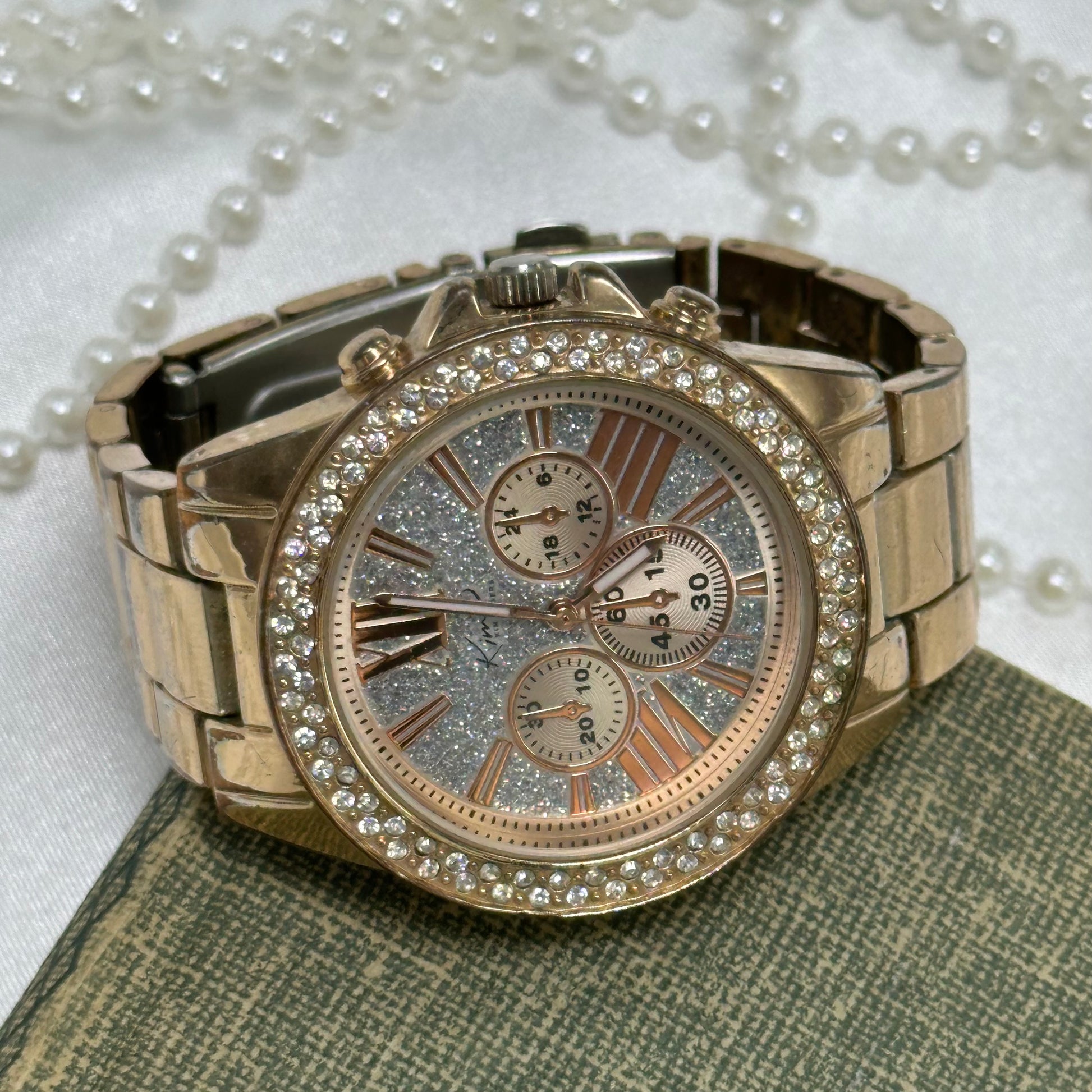 Rose Gold Diamanté Tank Watch with Glitter Dial