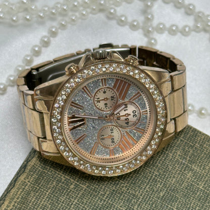 Rose Gold Diamanté Tank Watch with Glitter Dial