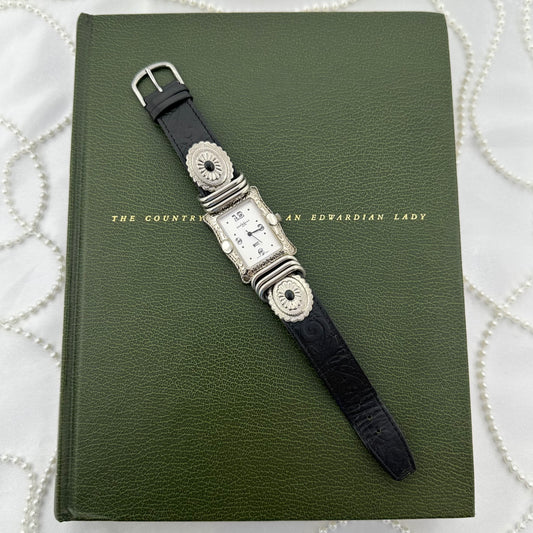 Silver Buckle LA Express Watch with Black Leather Band