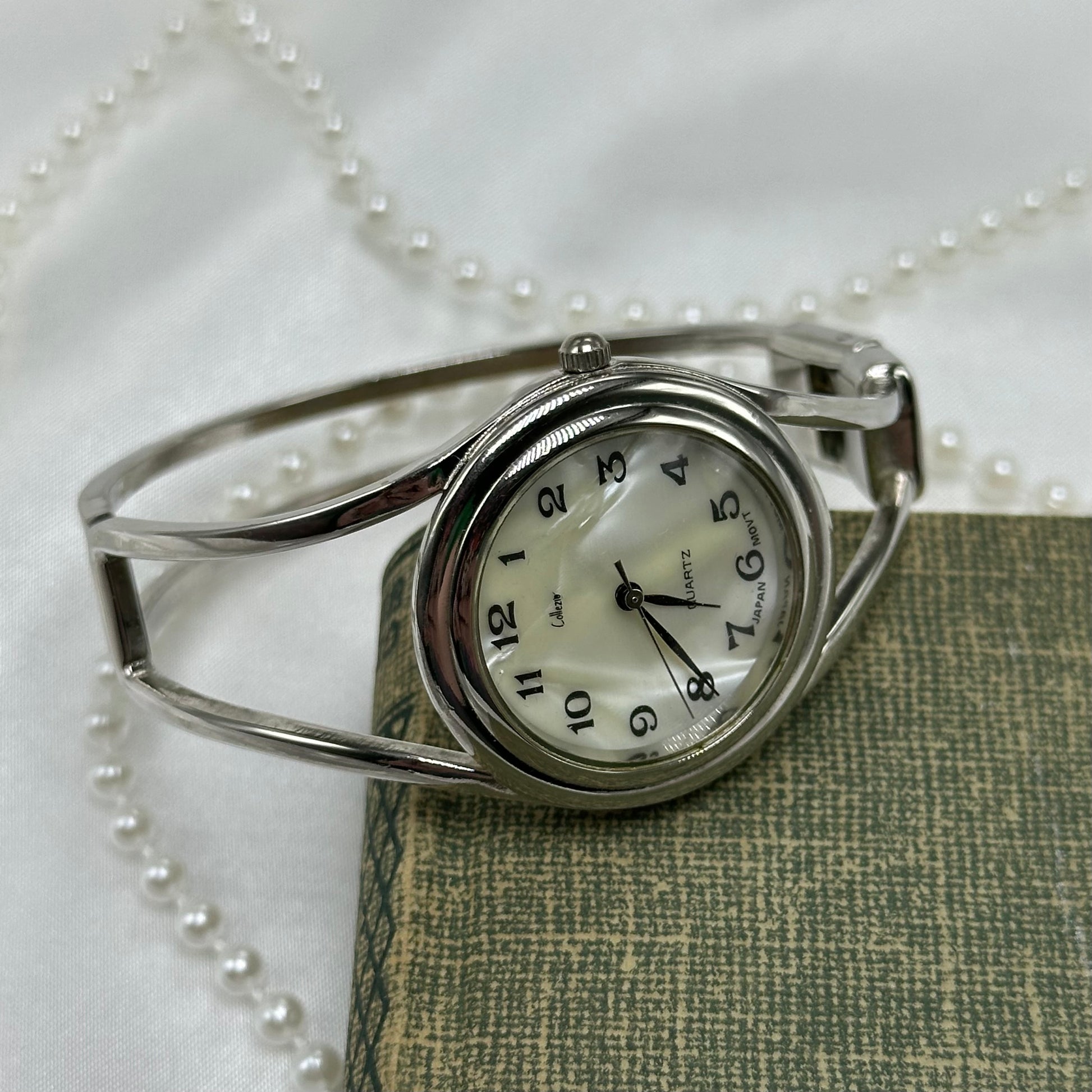 Silver Cuff Watch with Mother of Pearl Dial