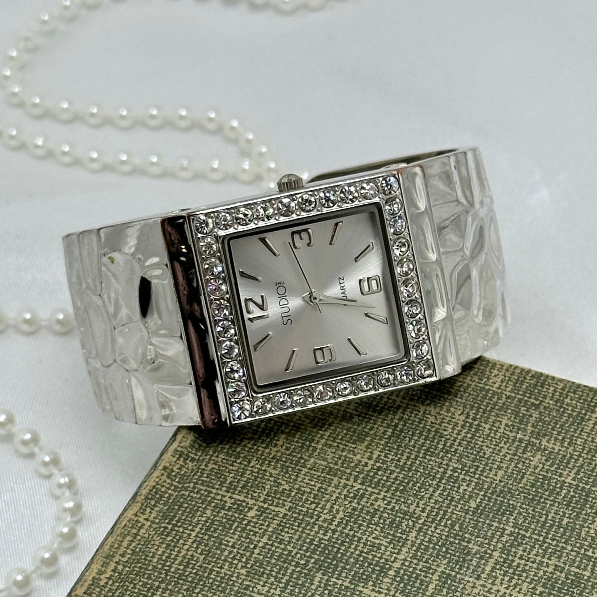 Silver Cuff Watch with Square Diamanté Dial