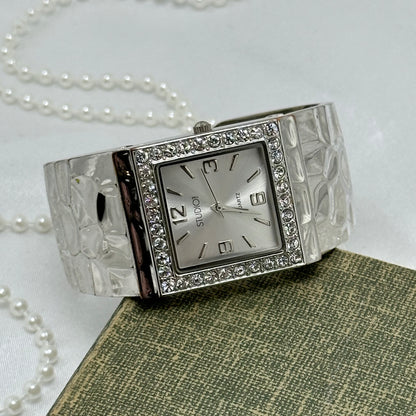 Silver Cuff Watch with Square Diamanté Dial