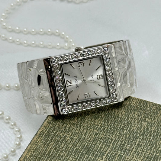 Silver Cuff Watch with Square Diamanté Dial