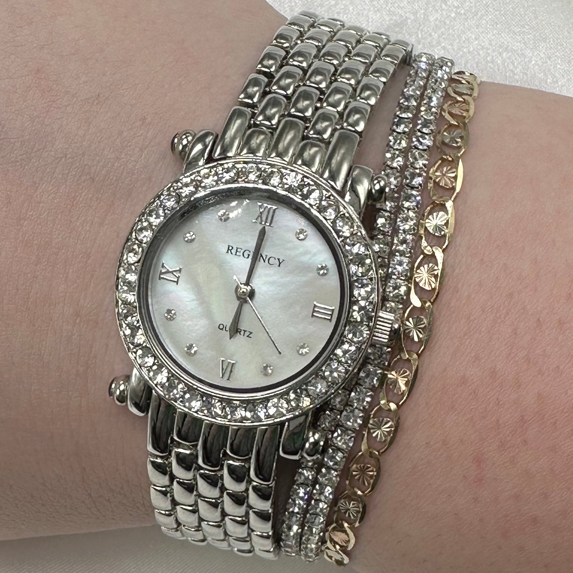Silver Diamanté Watch with Mother of Pearl Dial