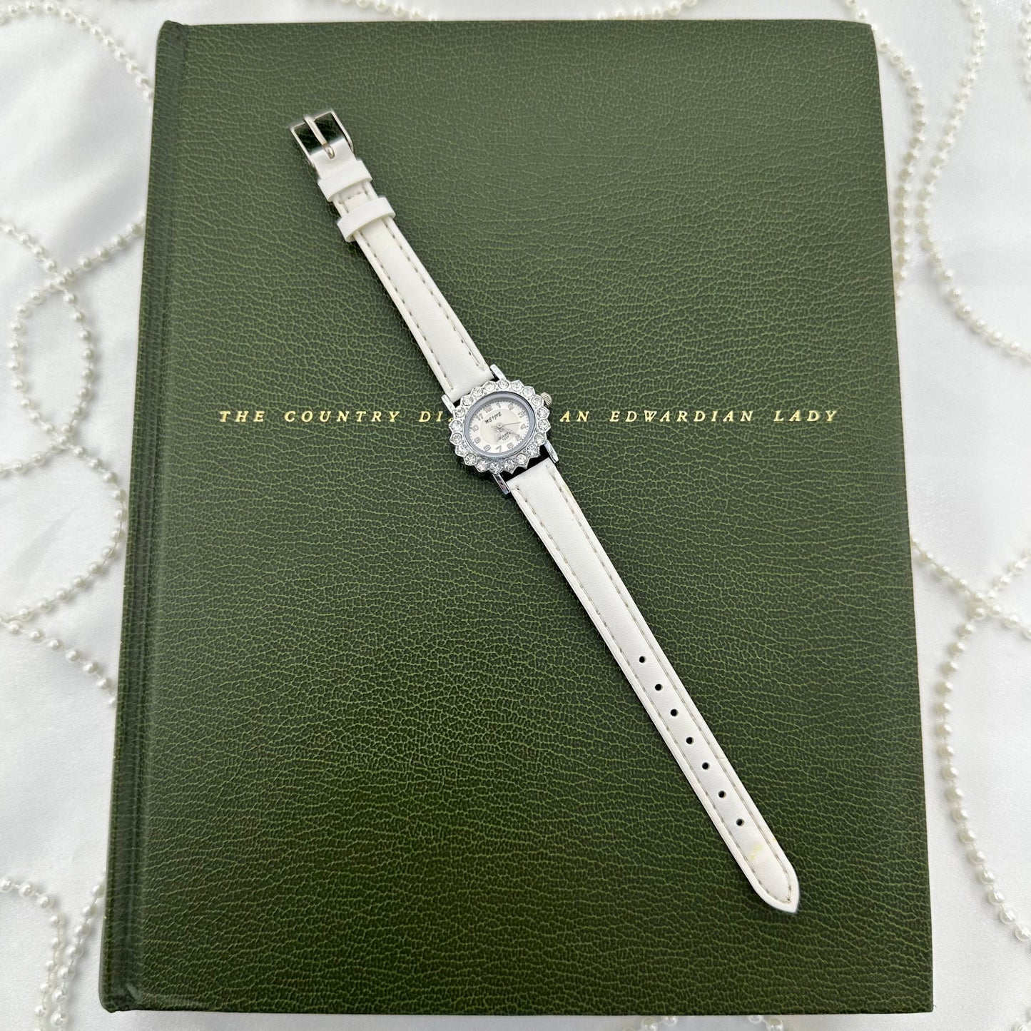 Silver Diamanté Watch with White Leather Band