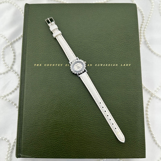 Silver Diamanté Watch with White Leather Band