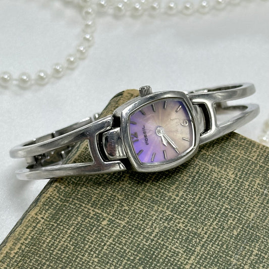 Silver Fossil Cuff Watch with Iridescent Dial