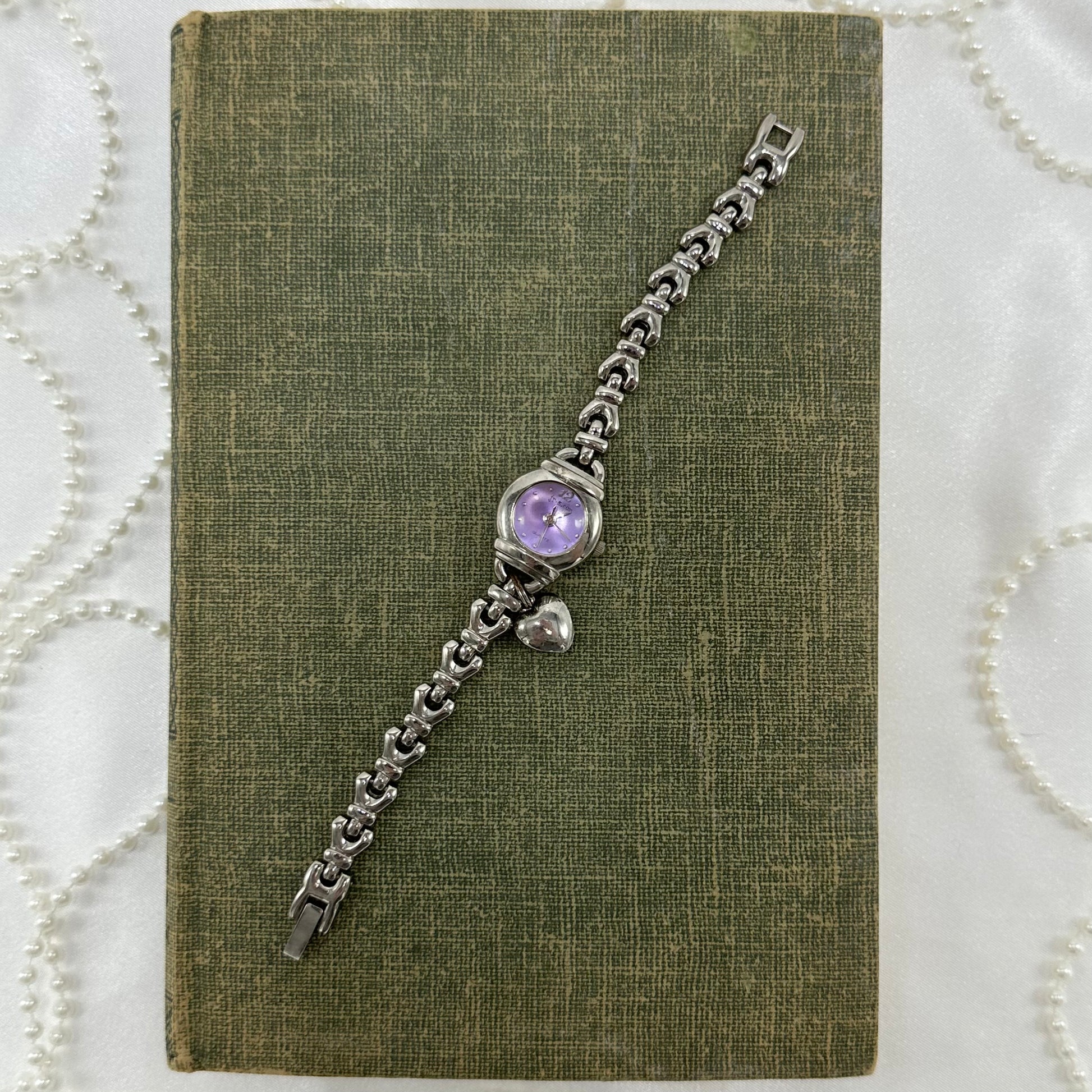 Silver Round Dial Watch with Purple Dial and Heart Charm