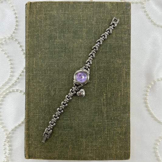 Silver Round Dial Watch with Purple Dial and Heart Charm