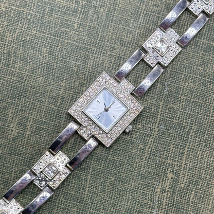 Silver Square Dial Diamanté Watch