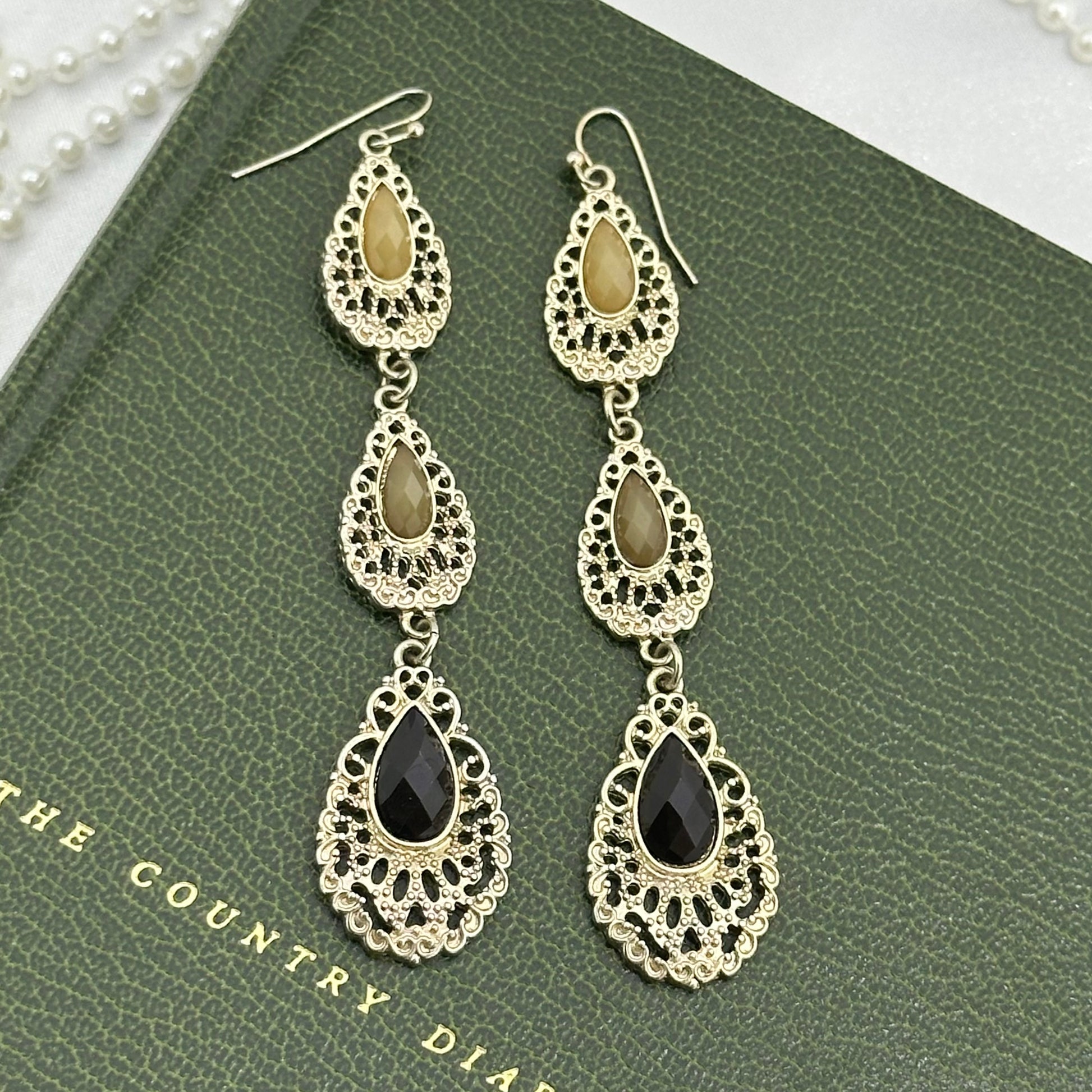 Silver Vintage Dangle Earrings with Black and Tan Stones