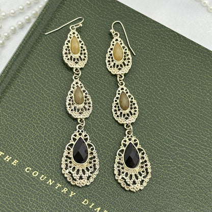 Silver Vintage Dangle Earrings with Black and Tan Stones