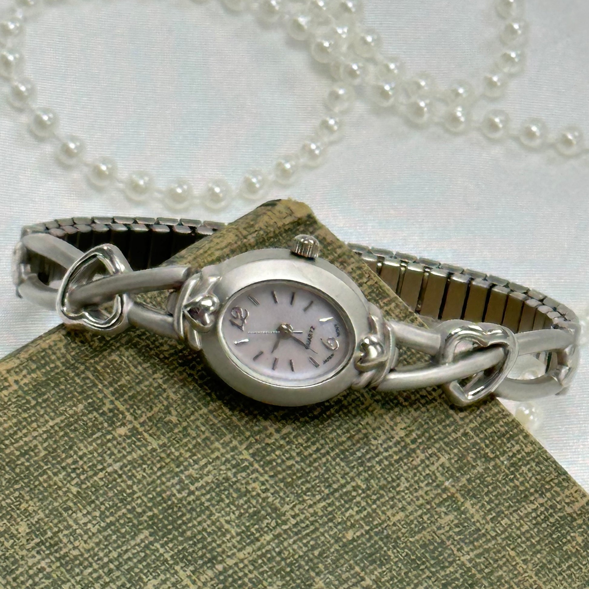 Silver Watch with Heart Band and Mother of Pearl Dial